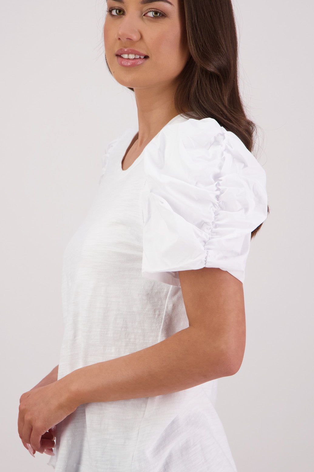 Closeup side view Briarwood Suzie T-shirt in White.