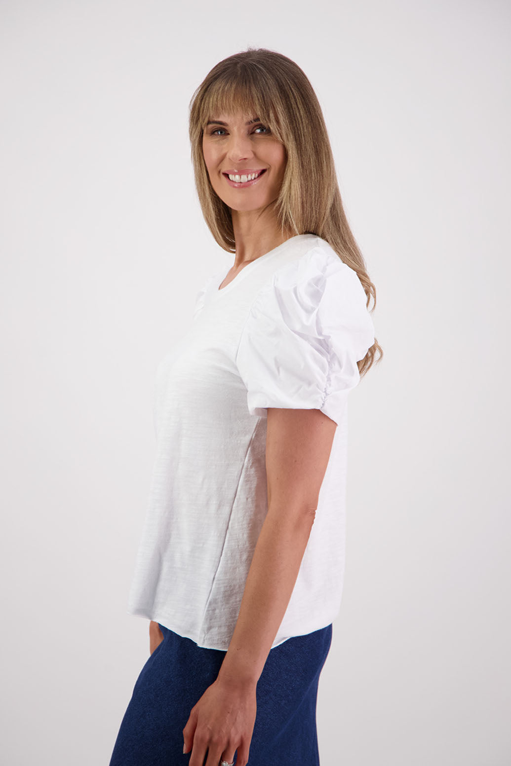 Womens Black Cotton T-Shirt with Puffed Coton Voile Sleeves. Briarwood NZ. Suzie, White