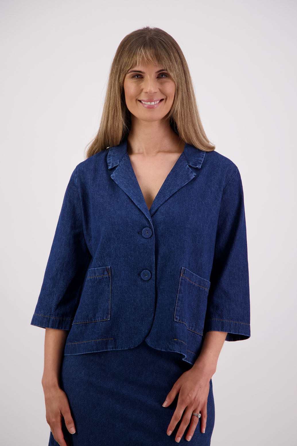 Womens denim jacket with 3/4 sleeves, stitched on pockets and back split. Briarwood NZ. Sydney