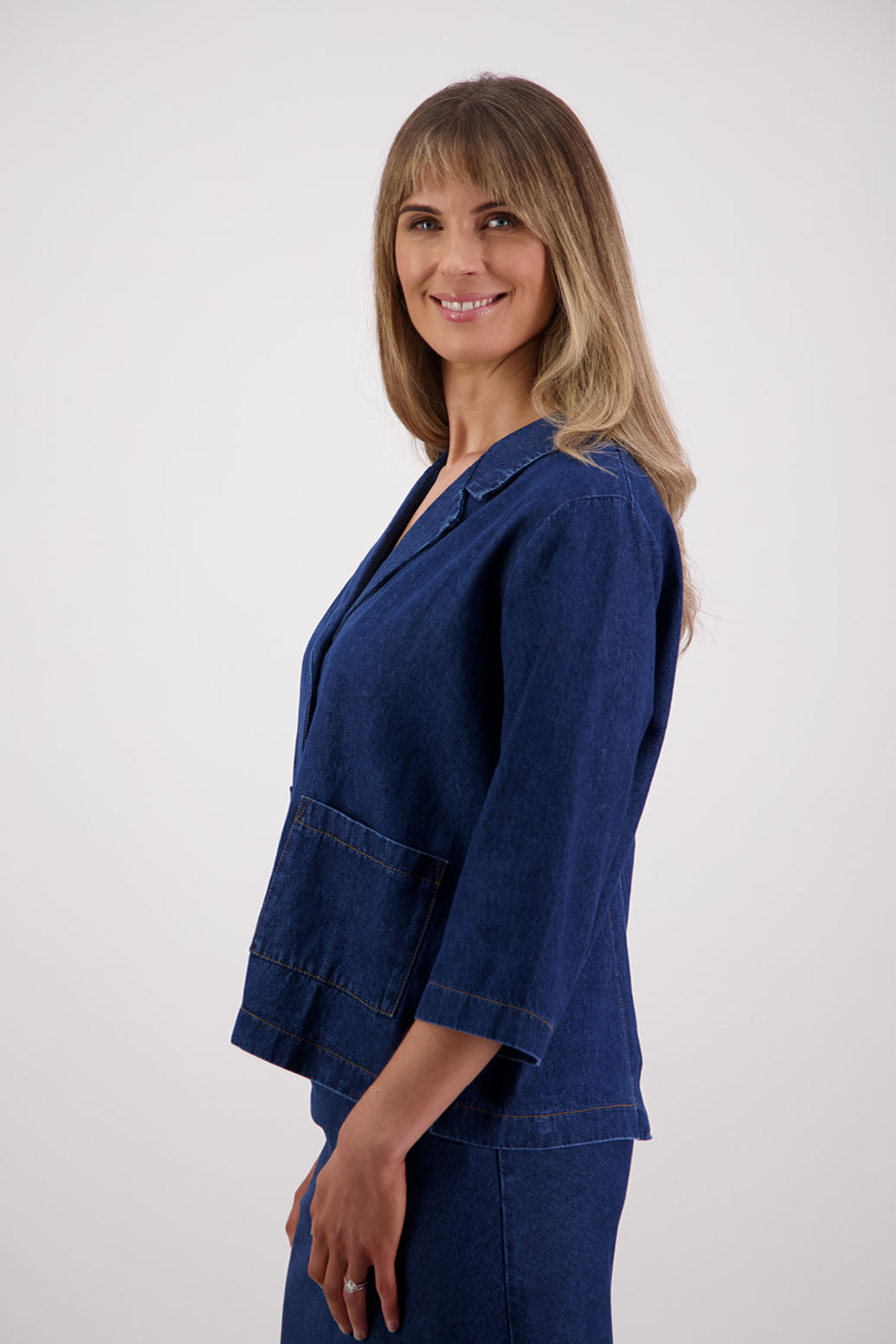 Womens denim jacket with 3/4 sleeves, stitched on pockets and back split. Briarwood NZ. Sydney