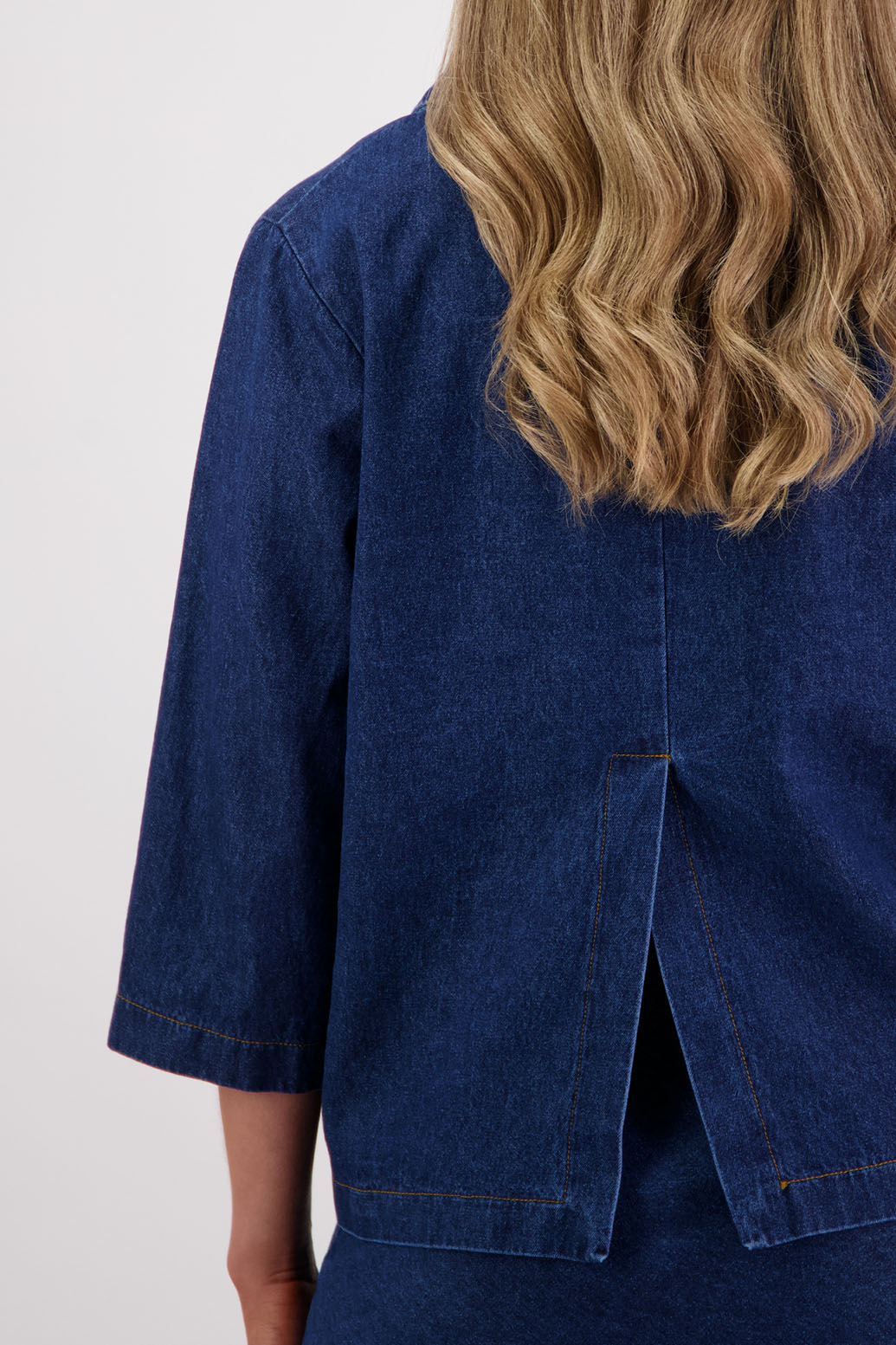 Womens denim jacket with 3/4 sleeves, stitched on pockets and back split. Briarwood NZ. Sydney