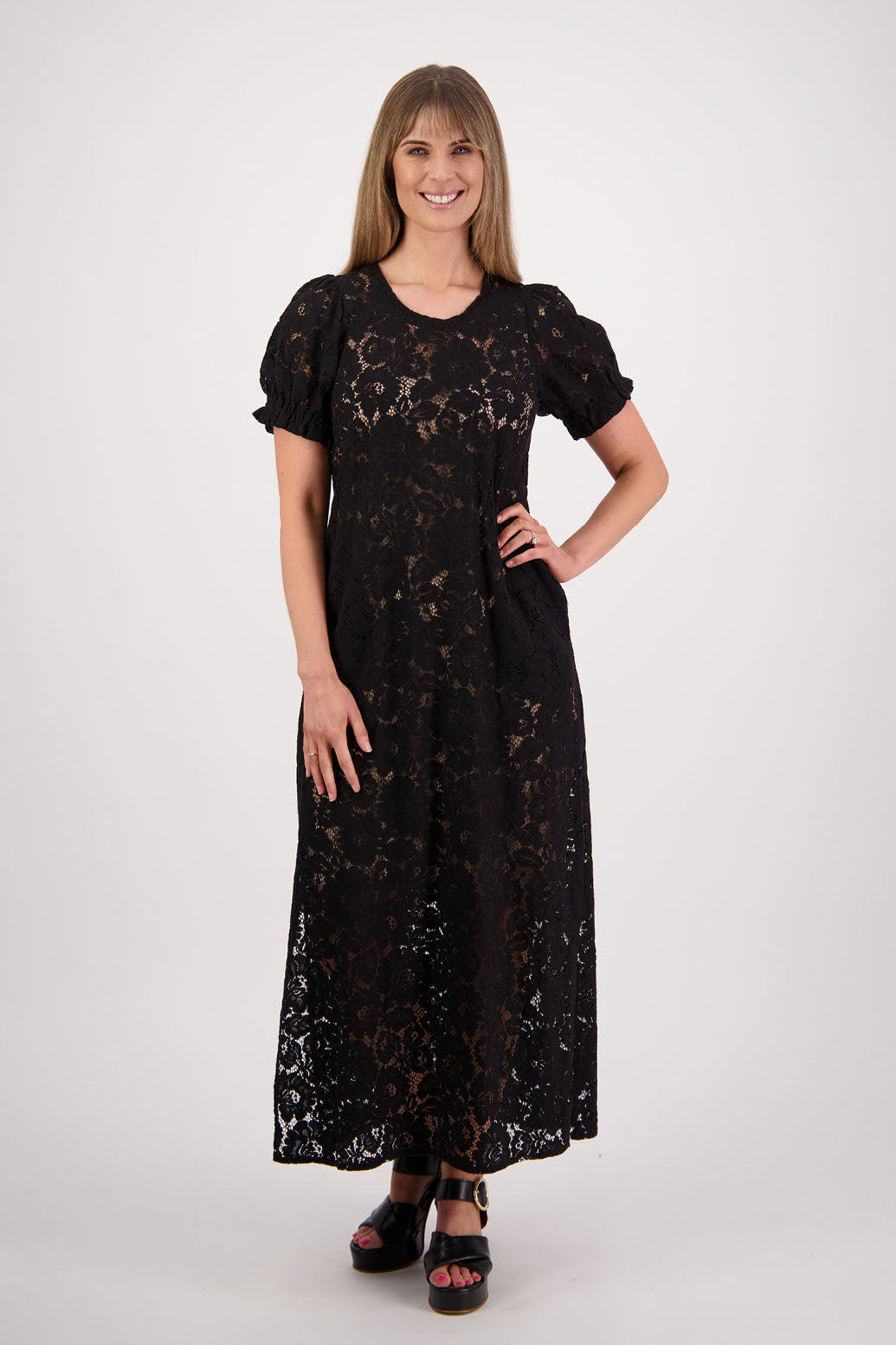 Briarwood NZ, Black Lace Maxi Dress with Side Split. Sylvia.