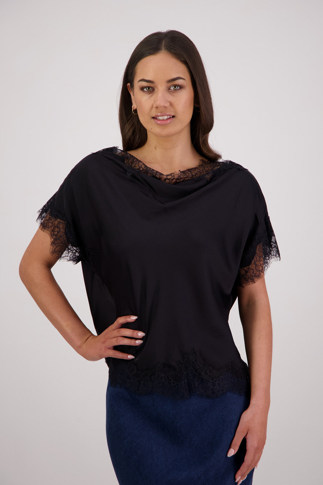 Briarwood Tabby Top in a black, 100% viscose with lace trims.