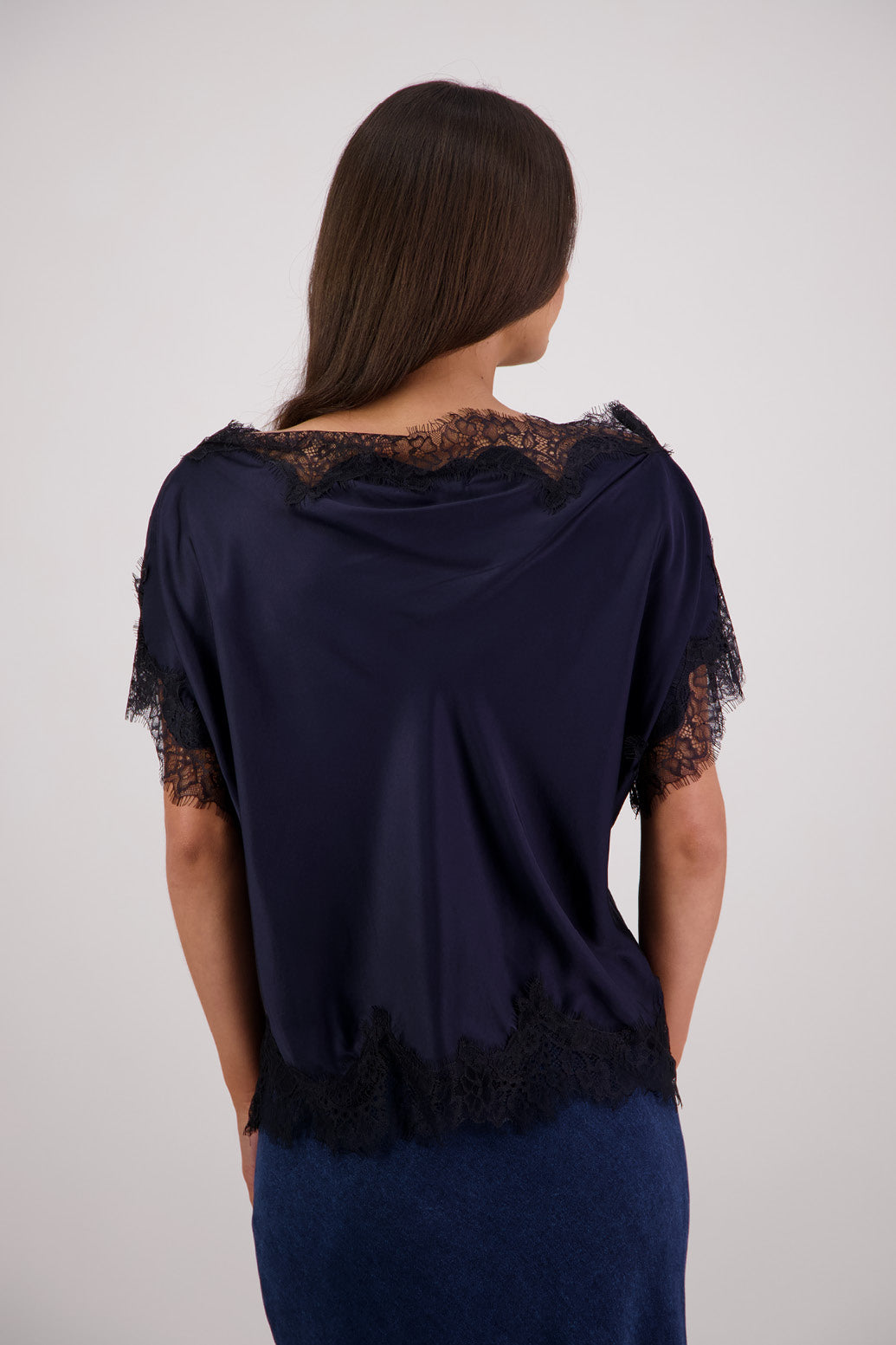 Back view Briarwood Tabby Top in ink, 100% viscose with black lace trims.