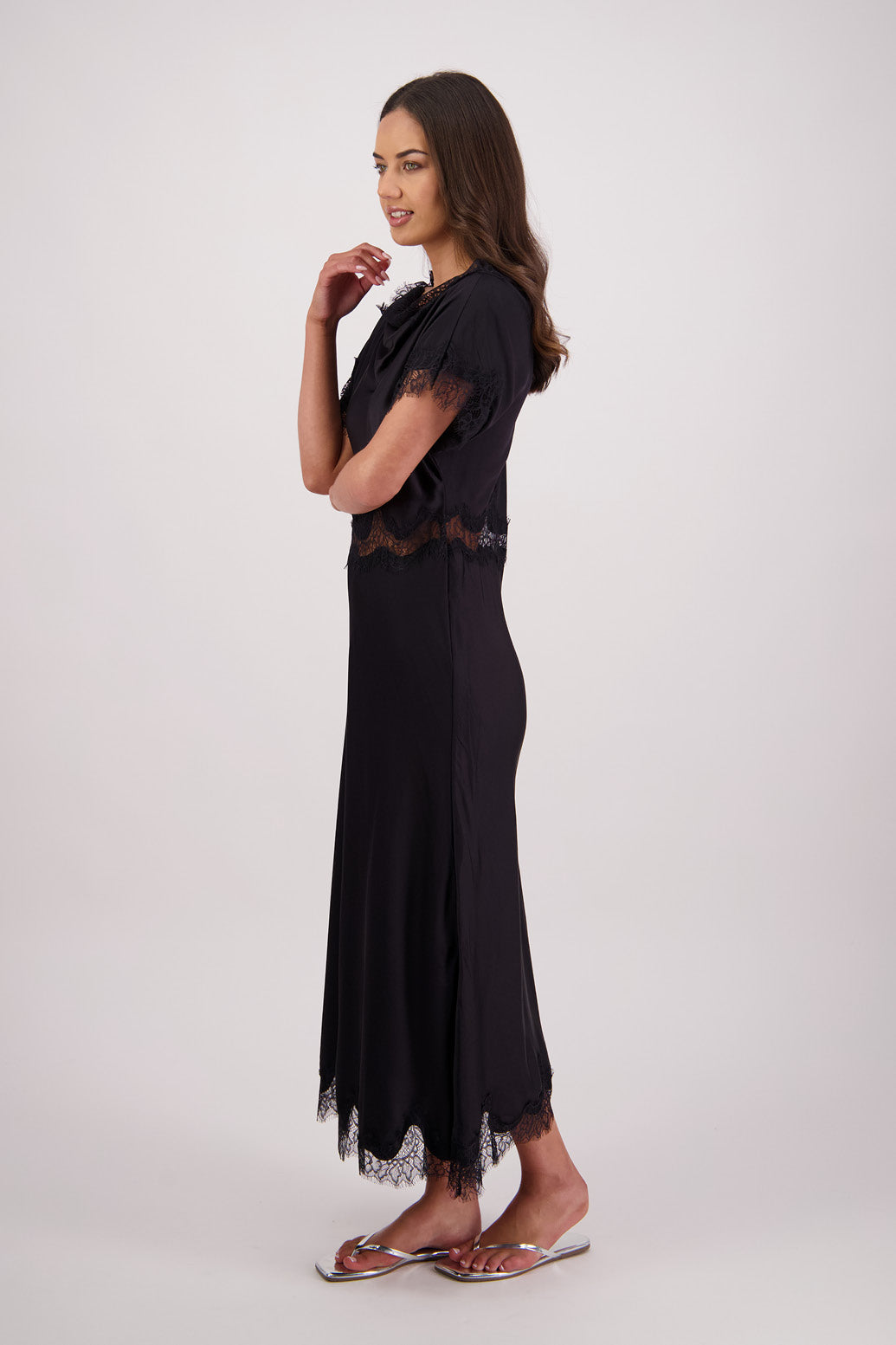 Side view Briarwood Tabitha Dress in Black with Lace trim.