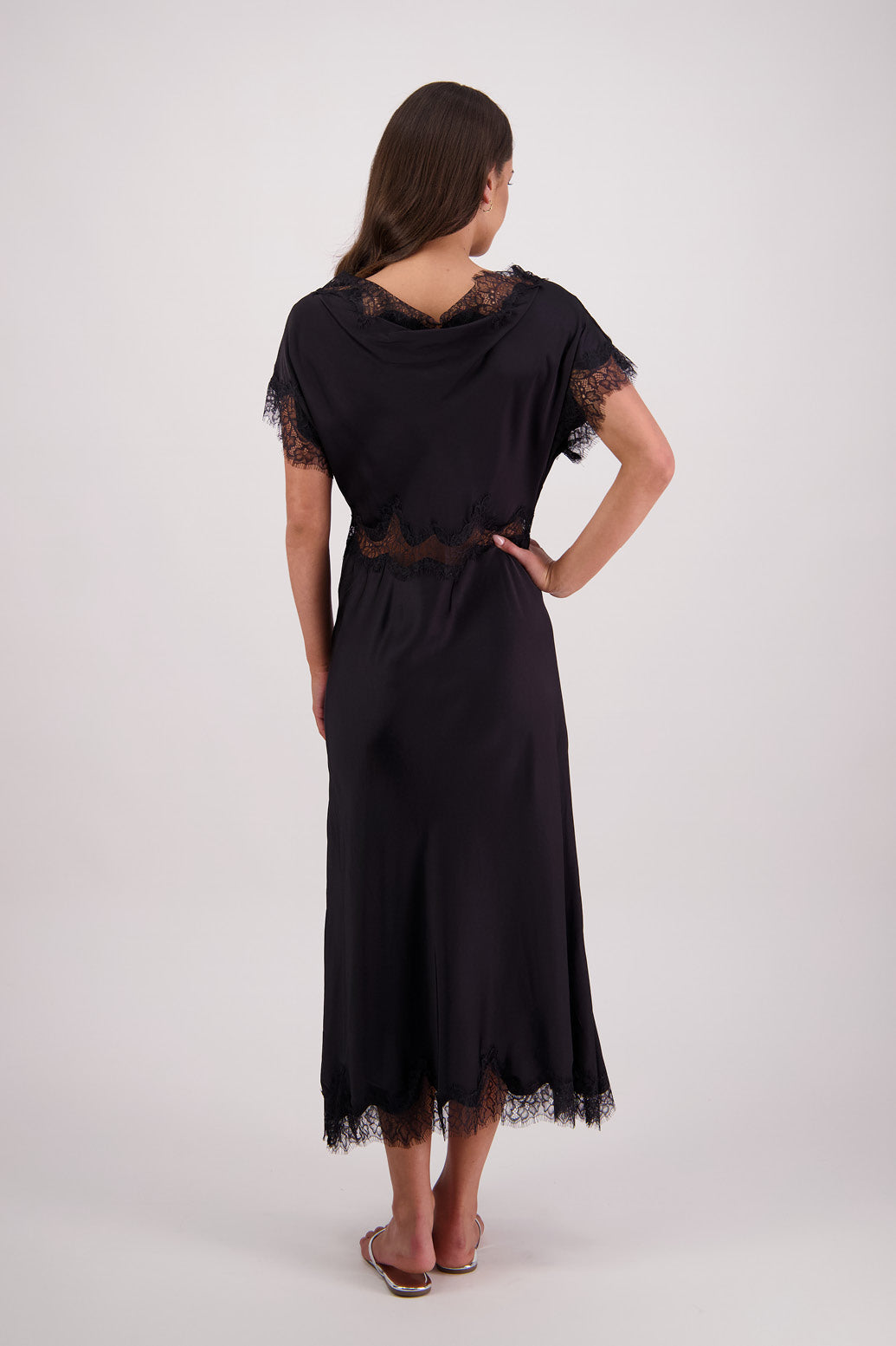 Back view Tabitha Dress in Black with Lace trim.