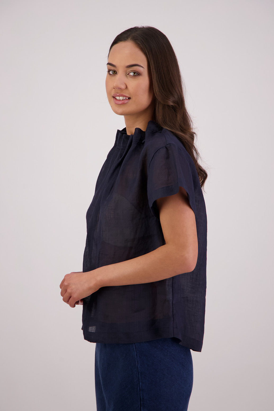 Side view Briarwood Taffy Top in Ink.