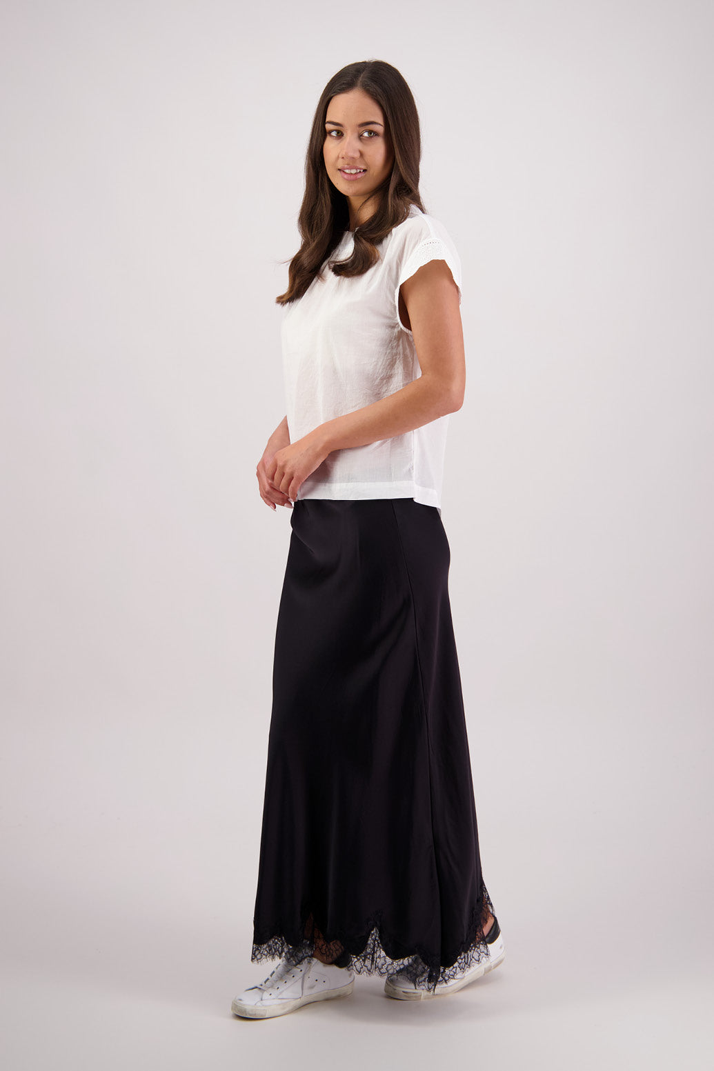 Side view of Briarwood Tallulah Black Skirt with Black Lace Trim.
