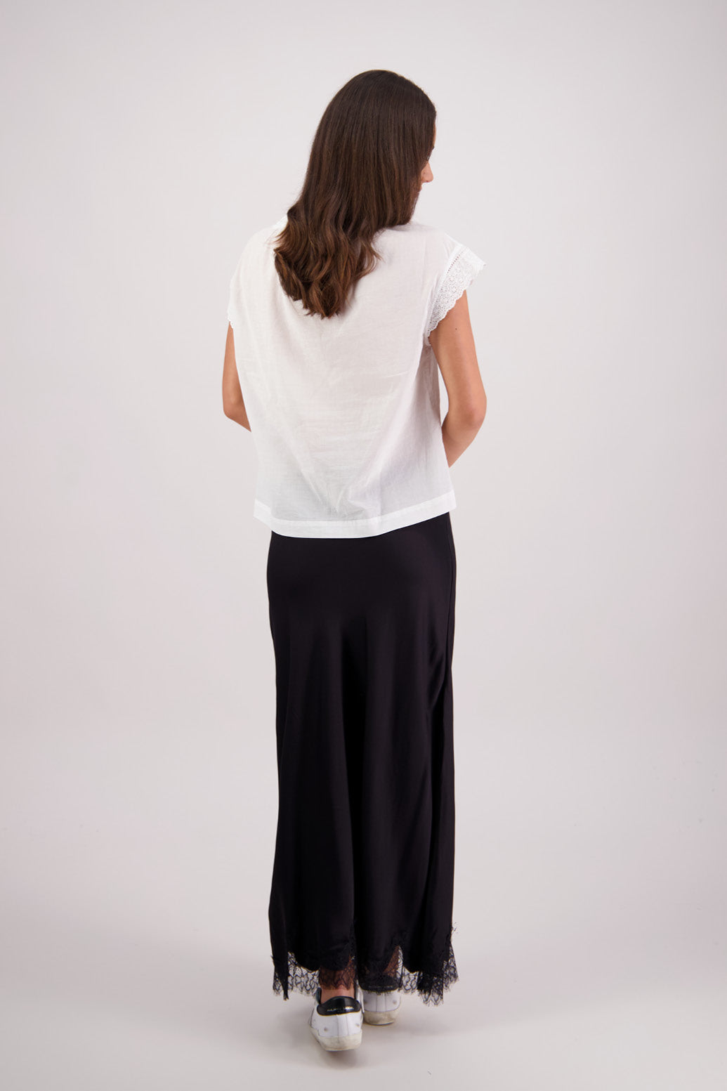 Back view of Briarwood Tallulah Black Skirt with Black Lace Trim.