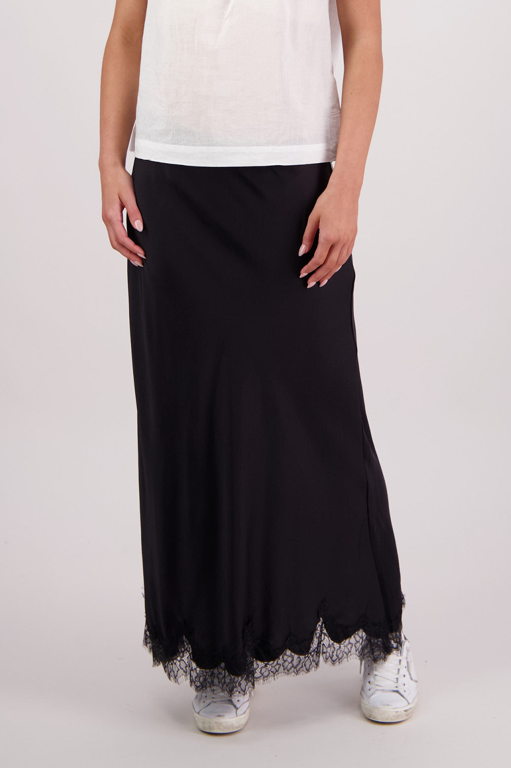 Close up front view of Briarwood Tallulah Black Skirt with Black Lace Trim.