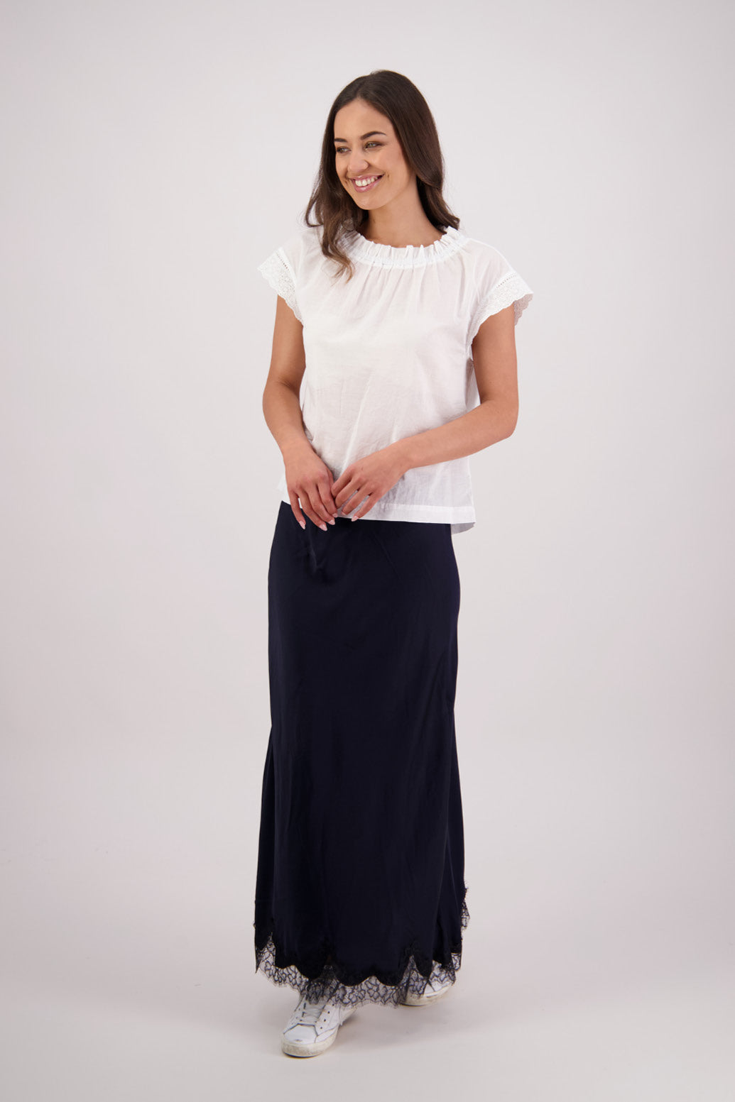 Briarwood Tallulah skirt in ink with black lace trim, 100% Viscose.