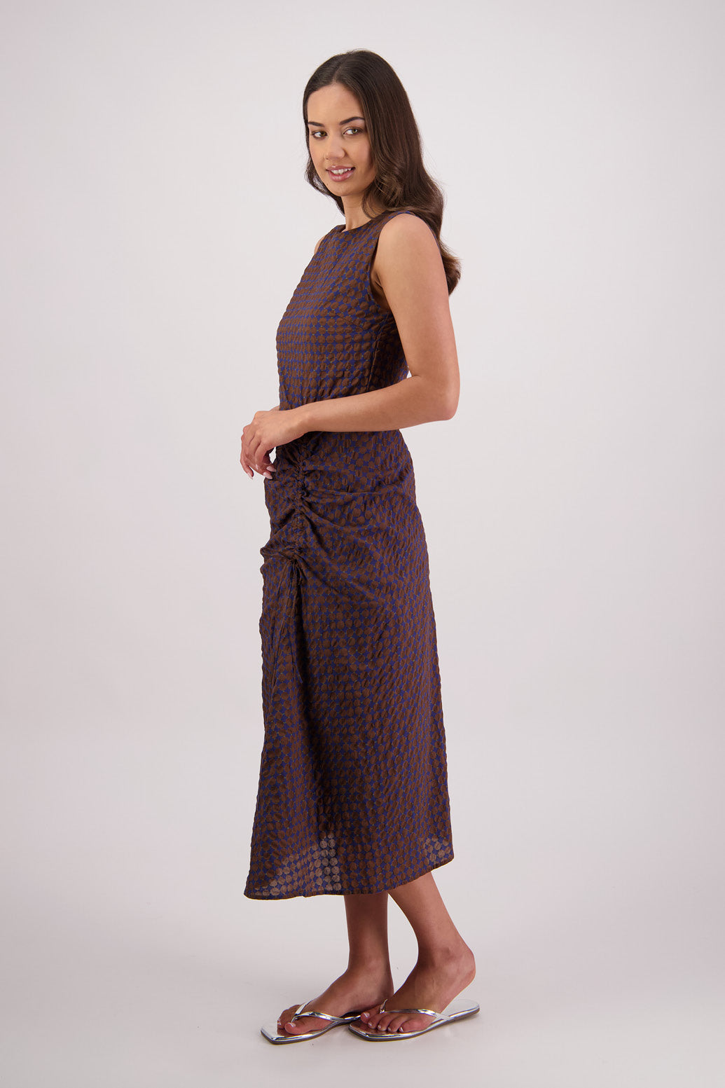 Side view Briarwood Tamara Dress in Brown/Ink pattern.