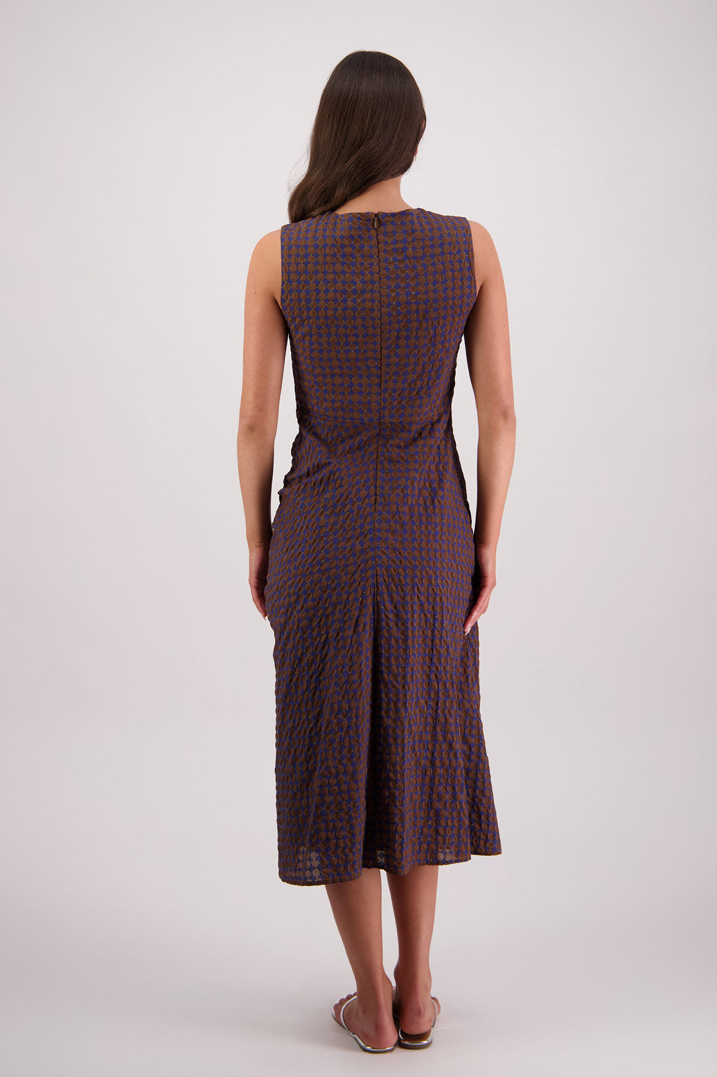 Back view Briarwood Tamara Dress in Brown/Ink pattern.