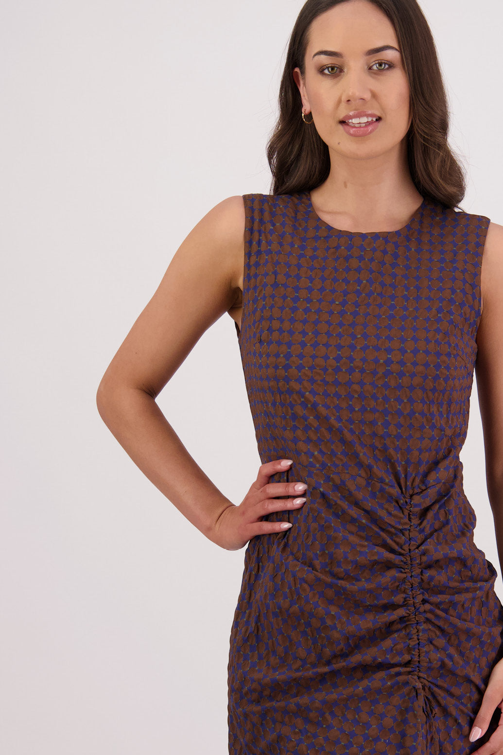 Closeup front view Briarwood Tamara Dress in Brown/Ink pattern.
