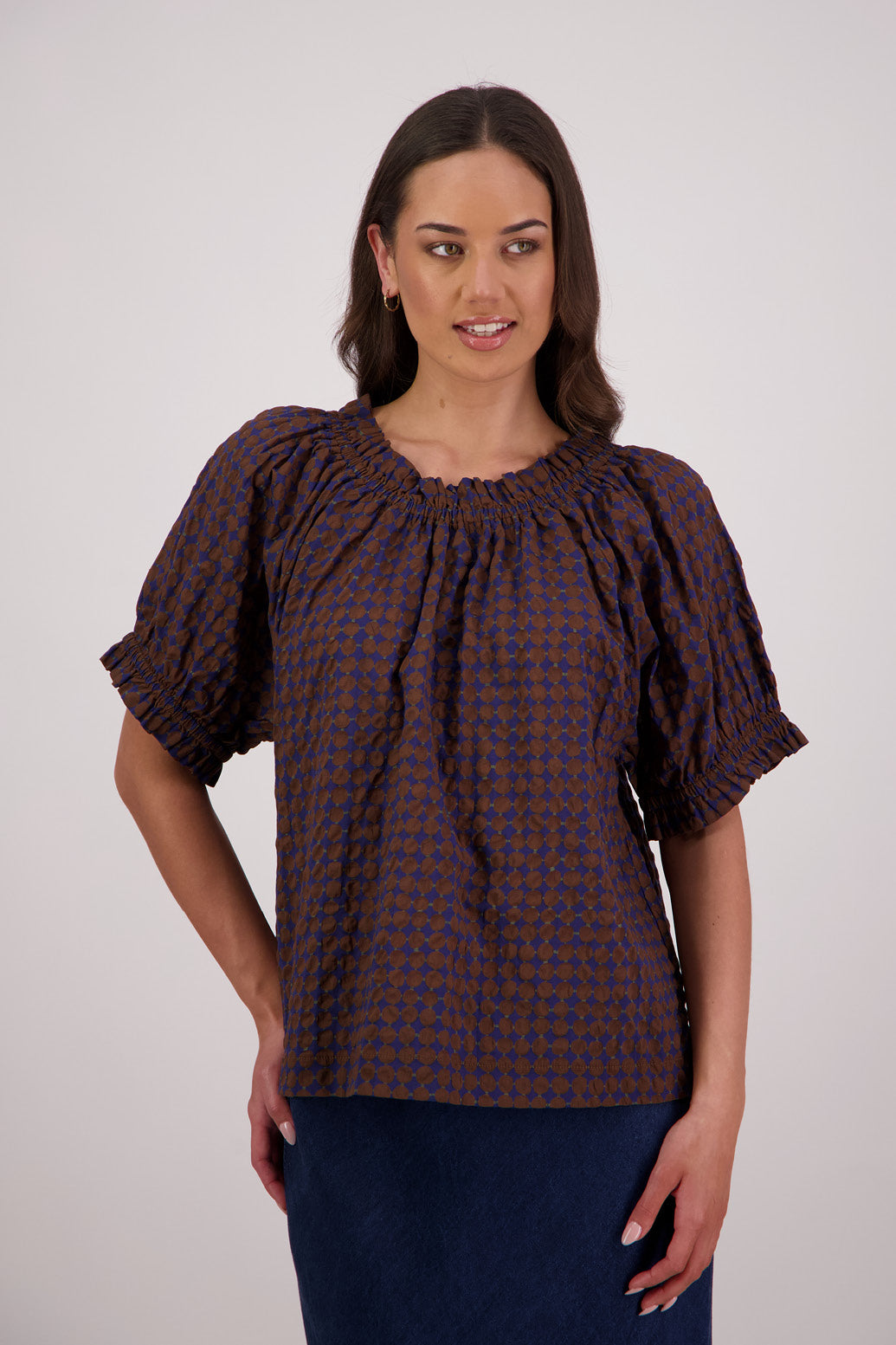 Briarwood Tammy Top in Brown/Ink print, 100% Cotton.