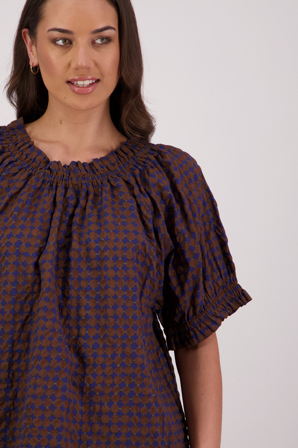 Closeup front view Briarwood Tammy Top in Brown/Ink print.