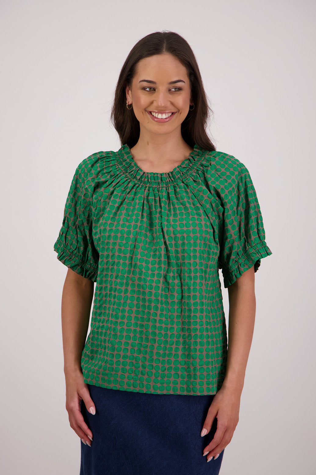 Briarwood Tammy Top in Grey/Green print, 100% Cotton.