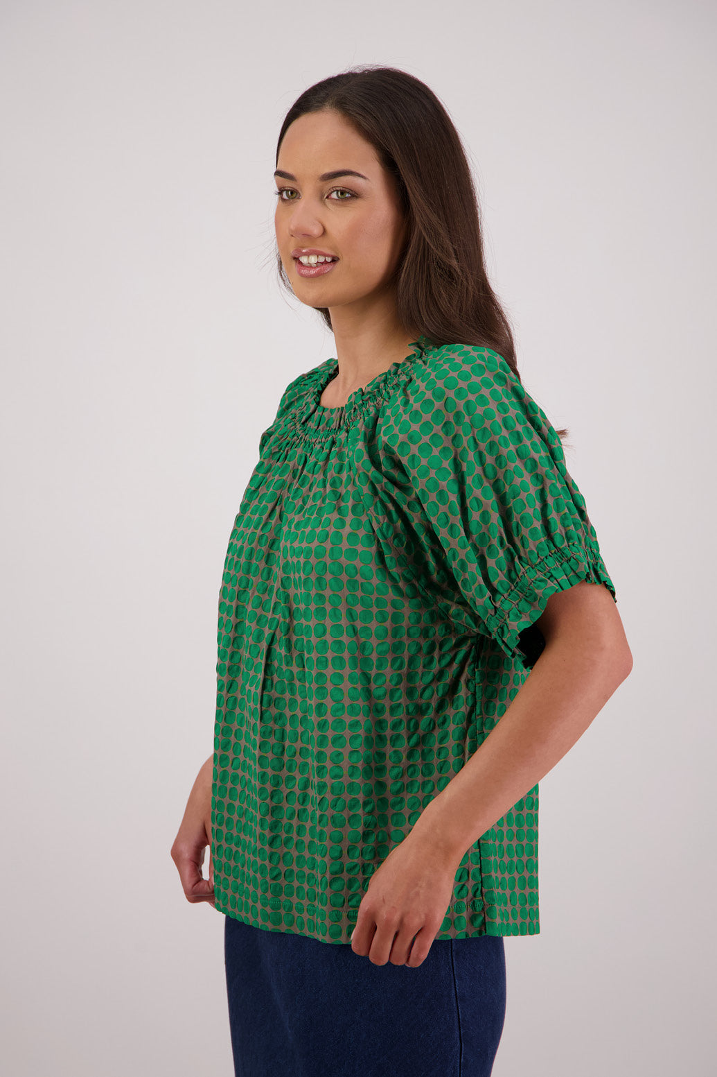 Side view Briarwood Tammy Top in Grey/Green print.