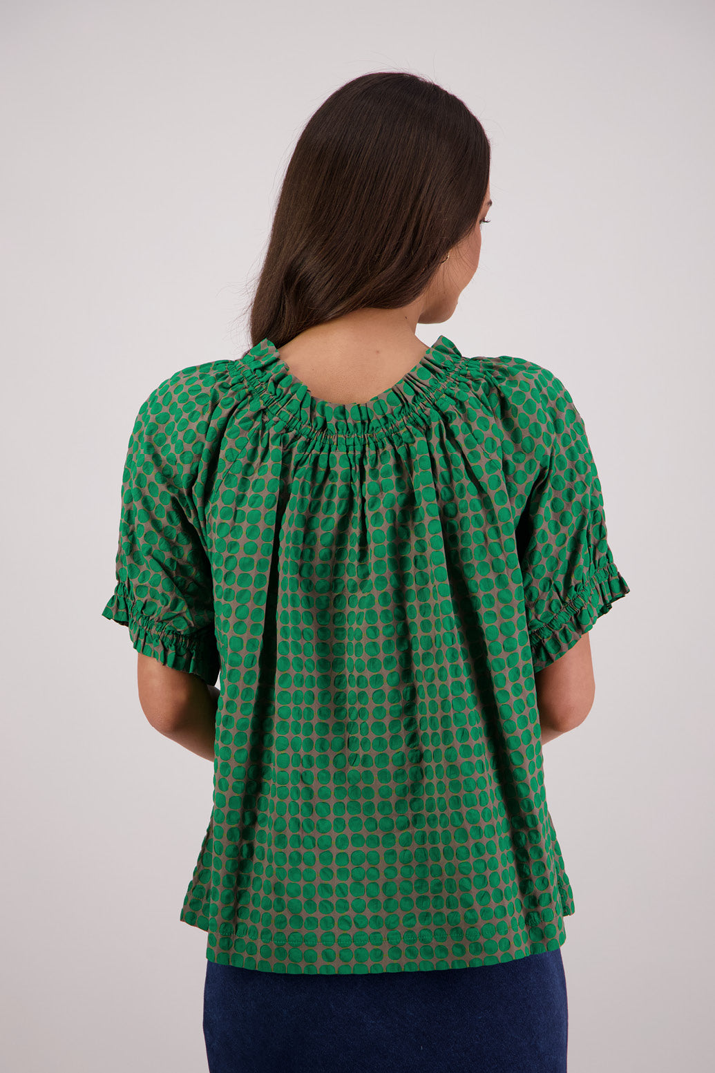 Back view Briarwood Tammy Top in Grey/Green print.