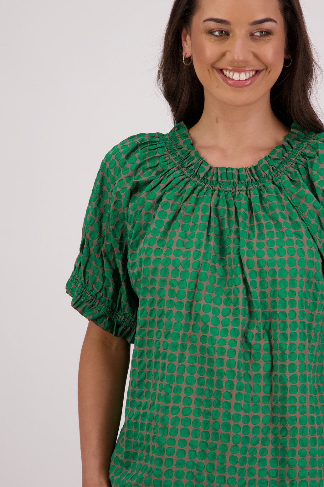 Closeup front view Briarwood Tammy Top in Grey/Green print.