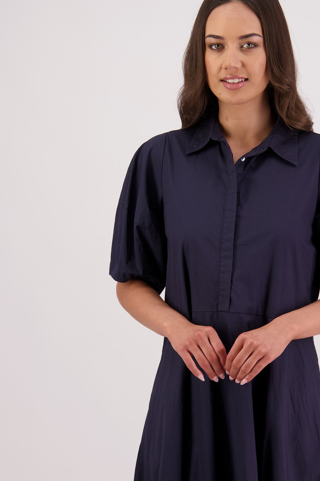 Closeup front view Briarwood Tamsin Shirt Dress in Ink/Tan
