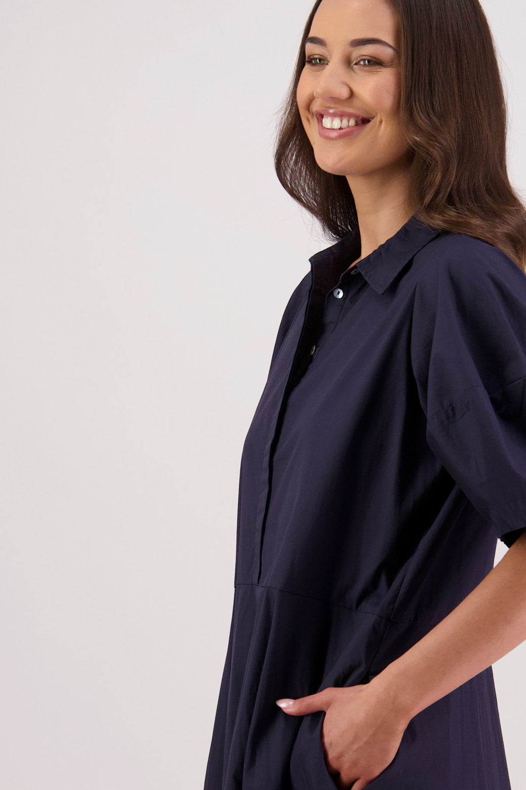 Closeup side view Briarwood Tamsin Shirt Dress in Ink/Tan