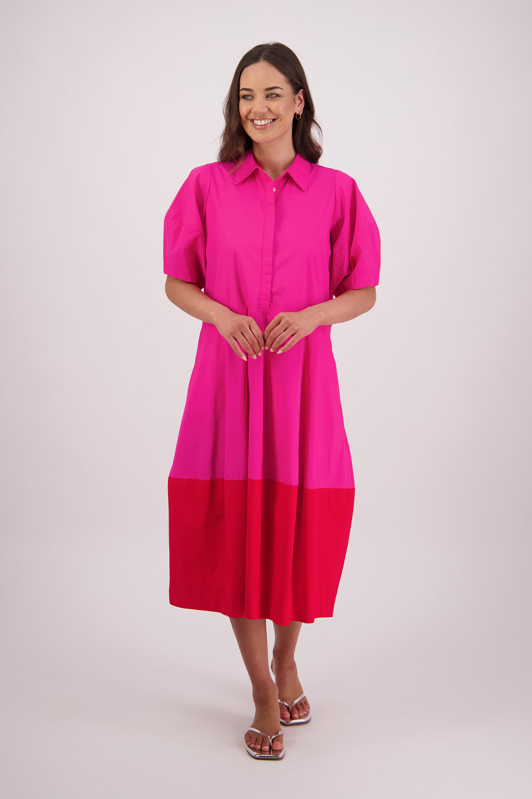 Briarwood Tamsin Dress in Two-Tone Pink & Red, 100% Cotton Poplin.