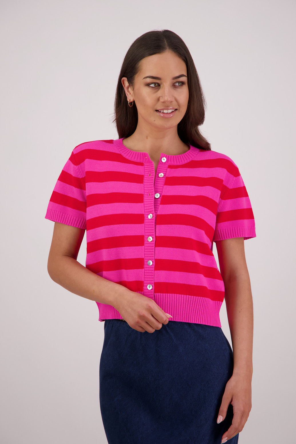 Briarwood Tasha Knit Cardigan in Pink/Red Stripe, 72% Viscose, 28% Polyester.