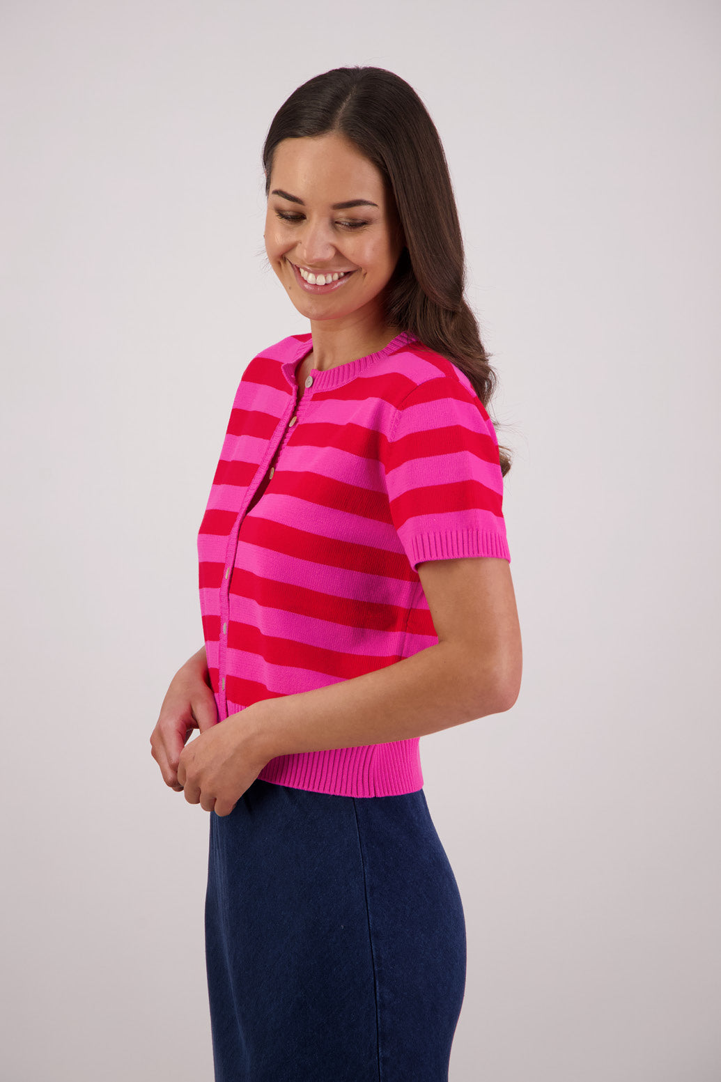 Side view Briarwood Tasha Knit Cardigan in Pink/Red Stripe.