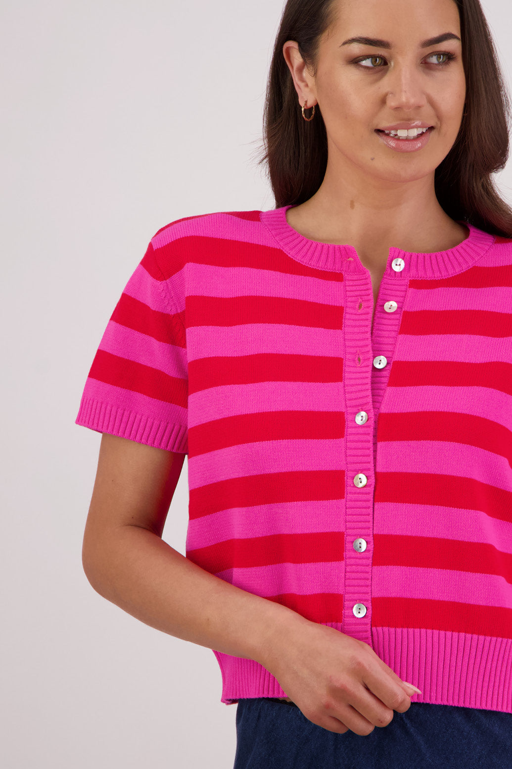 Closeup front view Briarwood Tasha Knit Cardigan in Pink/Red Stripe.