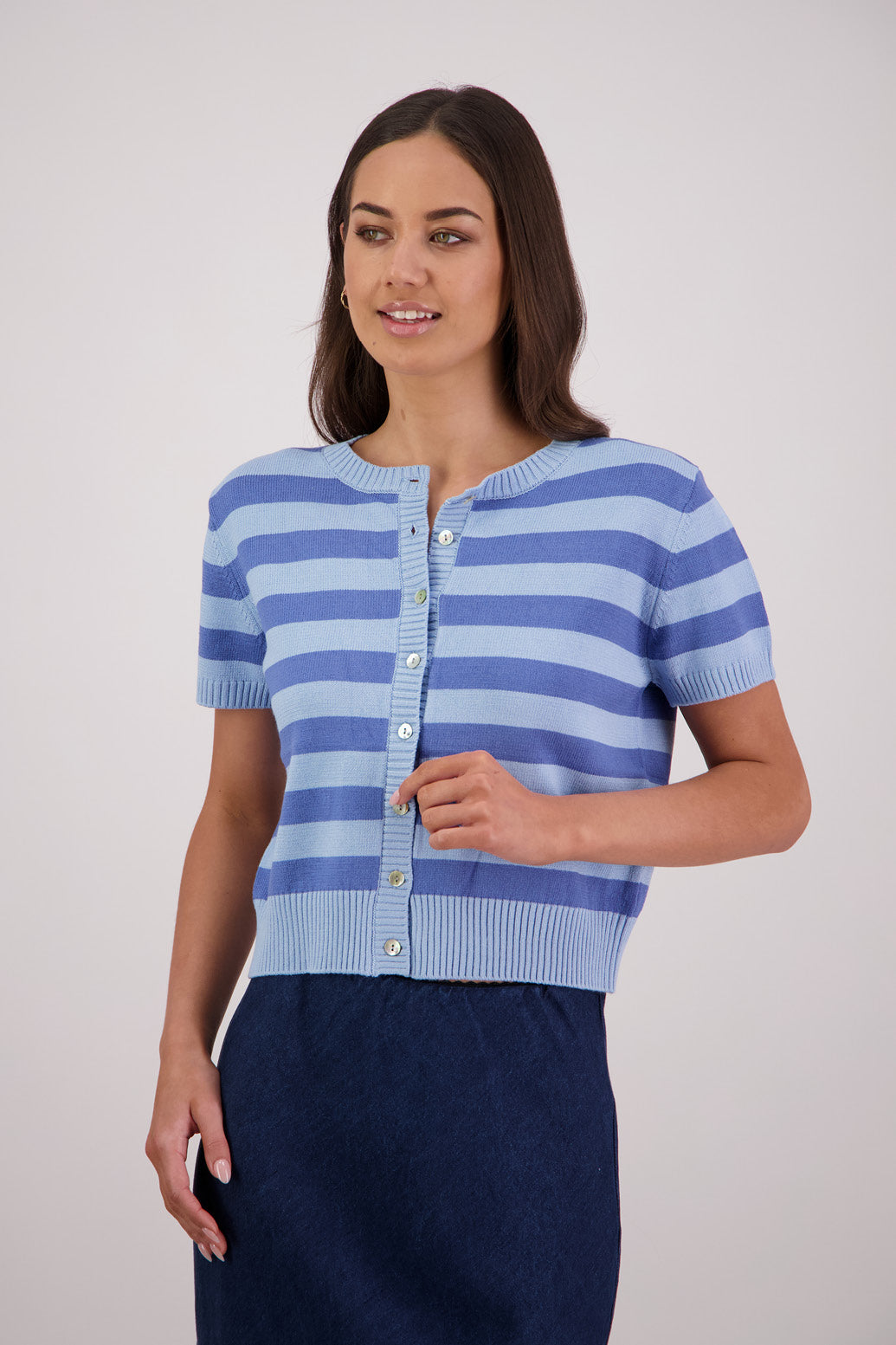 Briarwood Knit Cardigan in Sky/Blue Stripe, 72% Viscose, 28% Polyester.