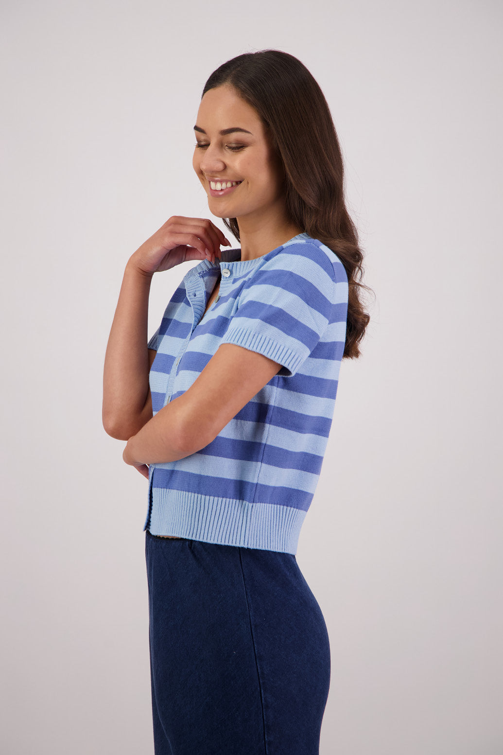 Side view Briarwood Knit Cardigan in Sky/Blue Stripe.