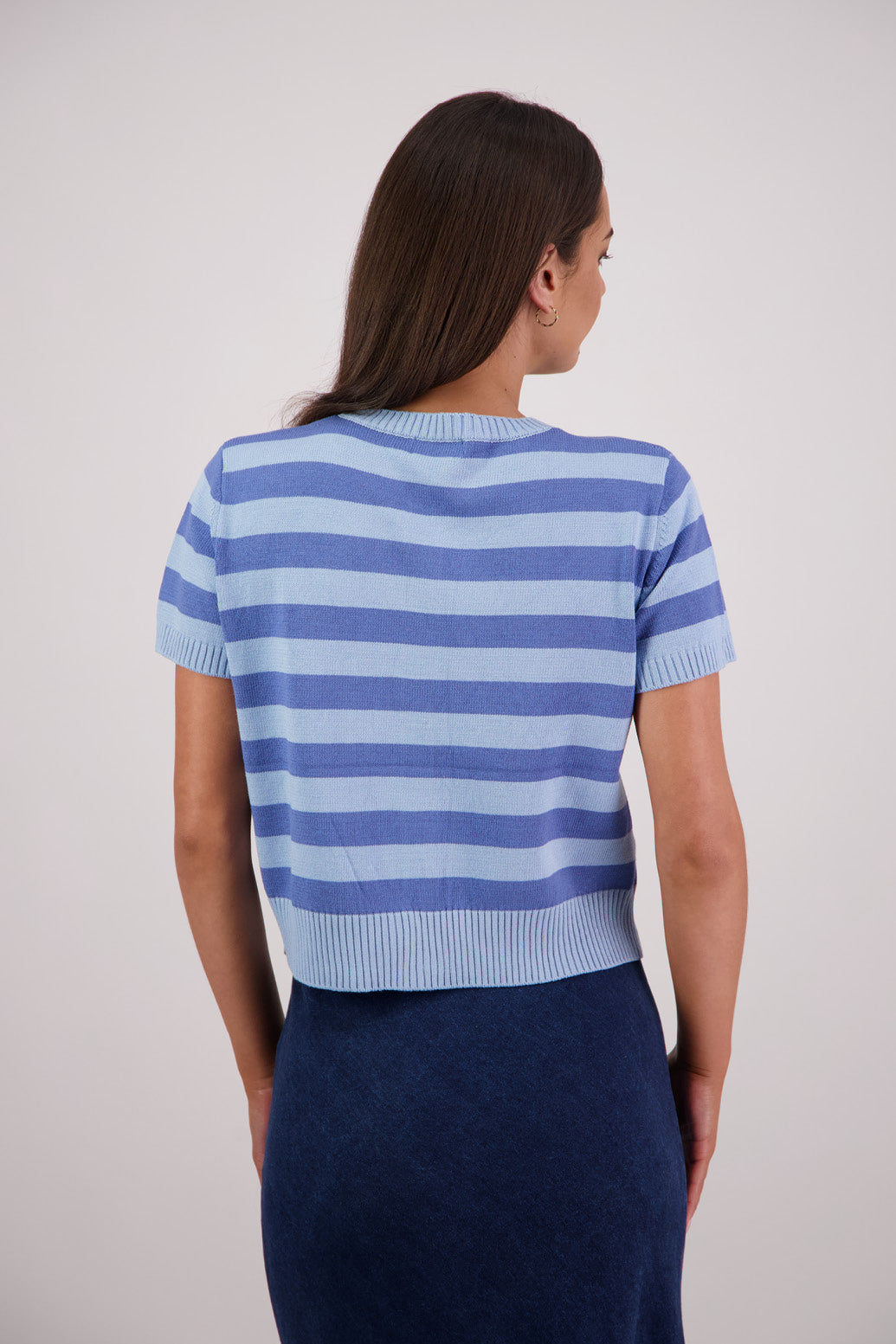 Back view Briarwood Knit Cardigan in Sky/Blue Stripe.