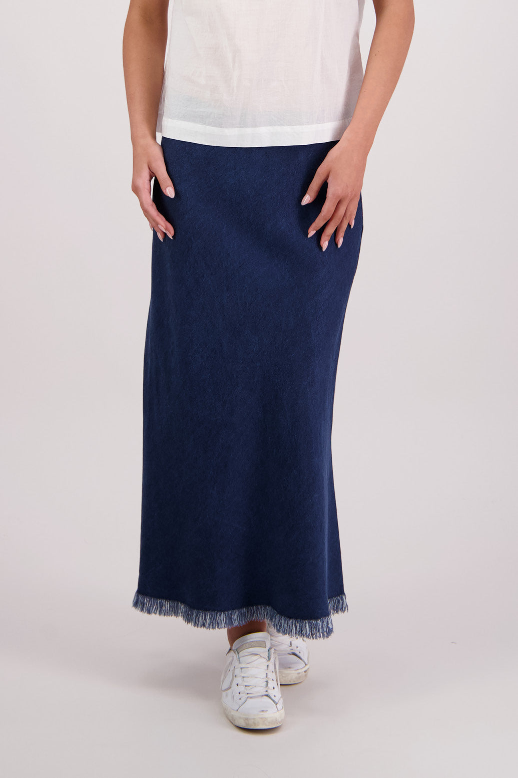 Closeup front view Briarwood Tashi Tencel Denim Skirt.