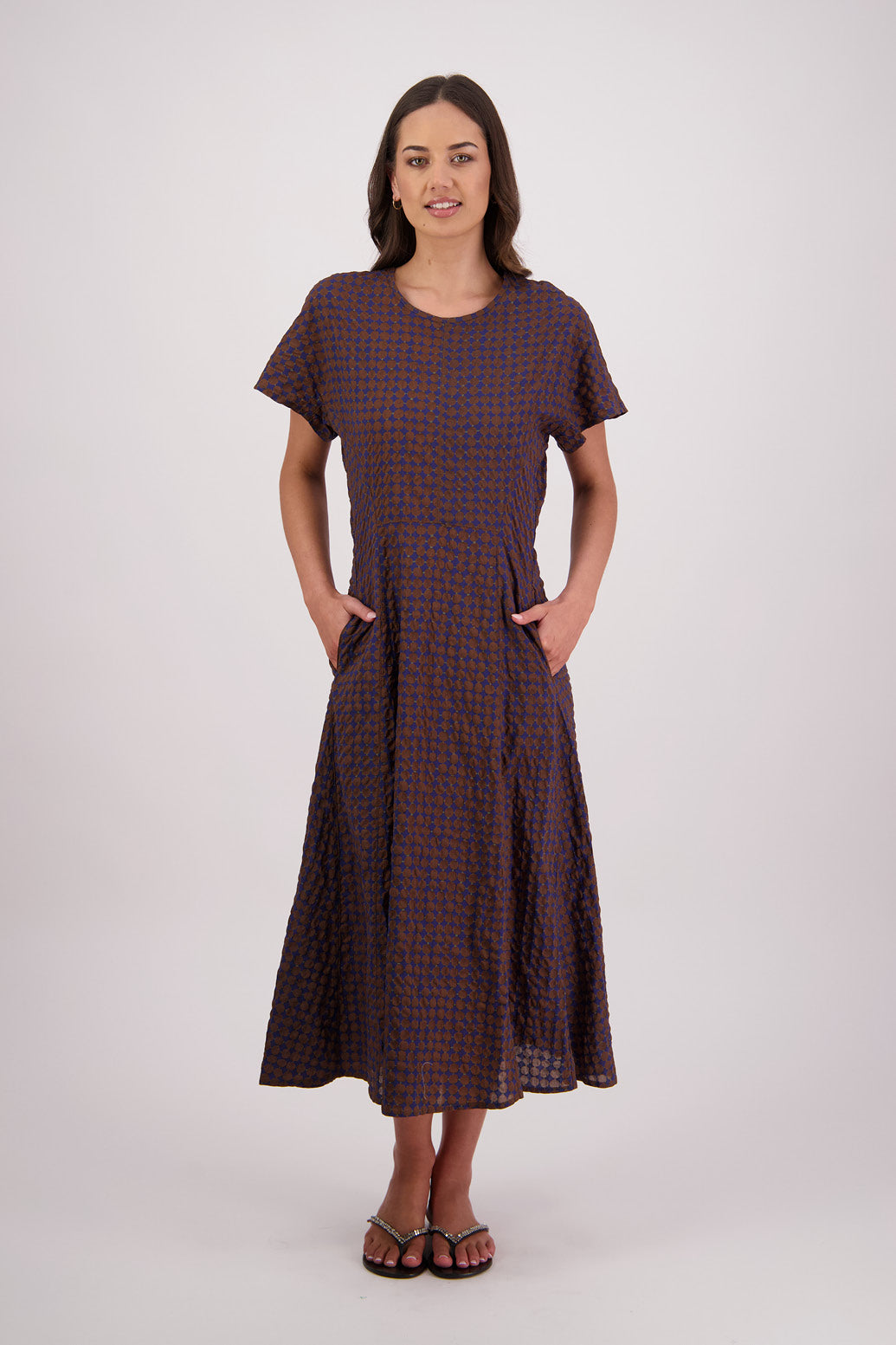 Briarwood Tasman Dress in Brown/Ink print, 100% Cotton.