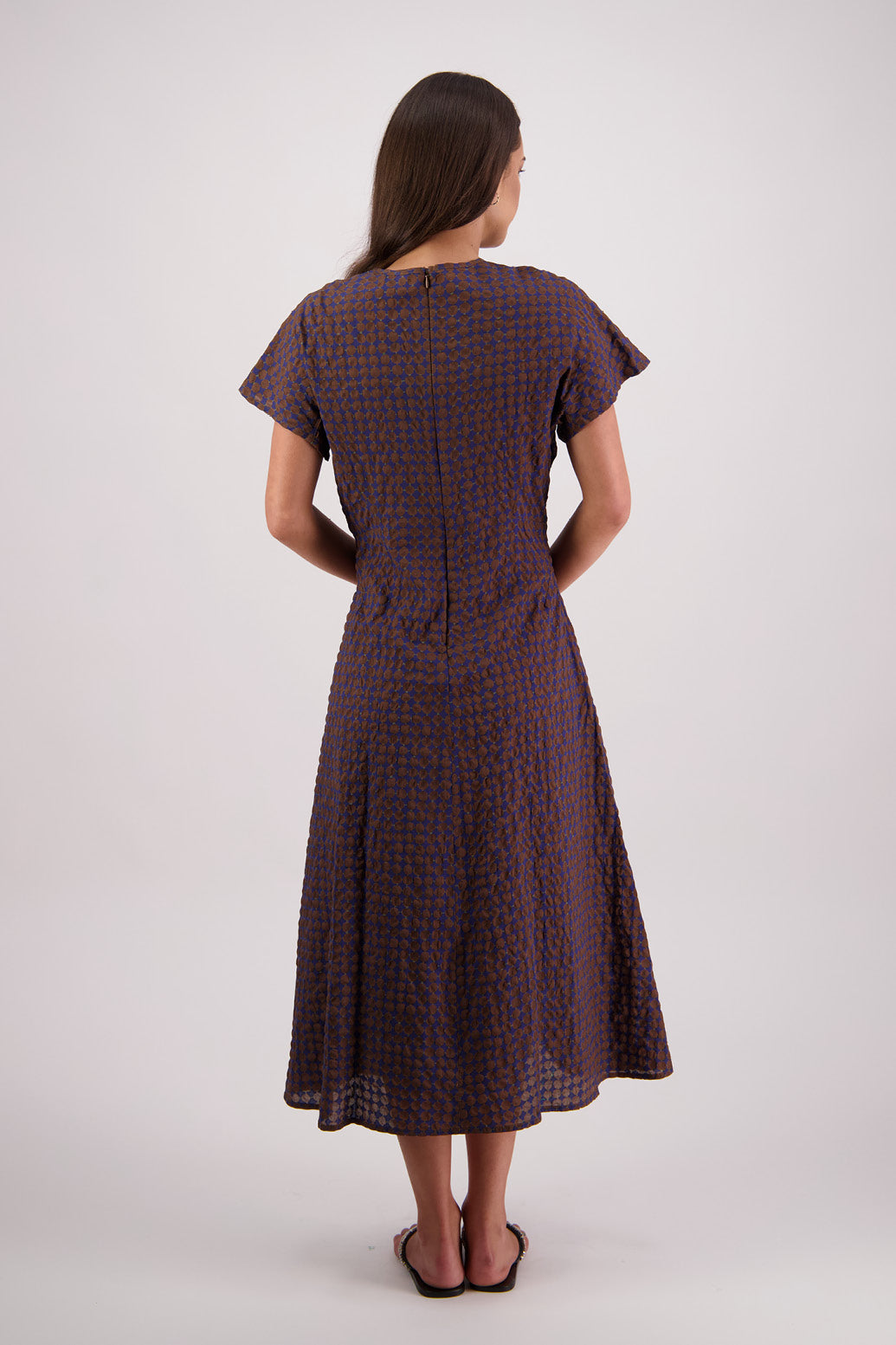 Back view Briarwood Tasman Dress in Brown/Ink print.