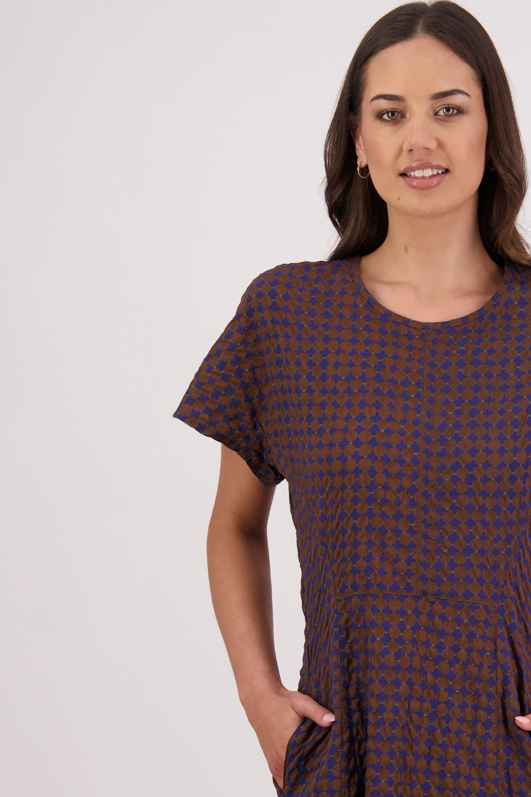 Closeup front view Briarwood Tasman Dress in Brown/Ink print.