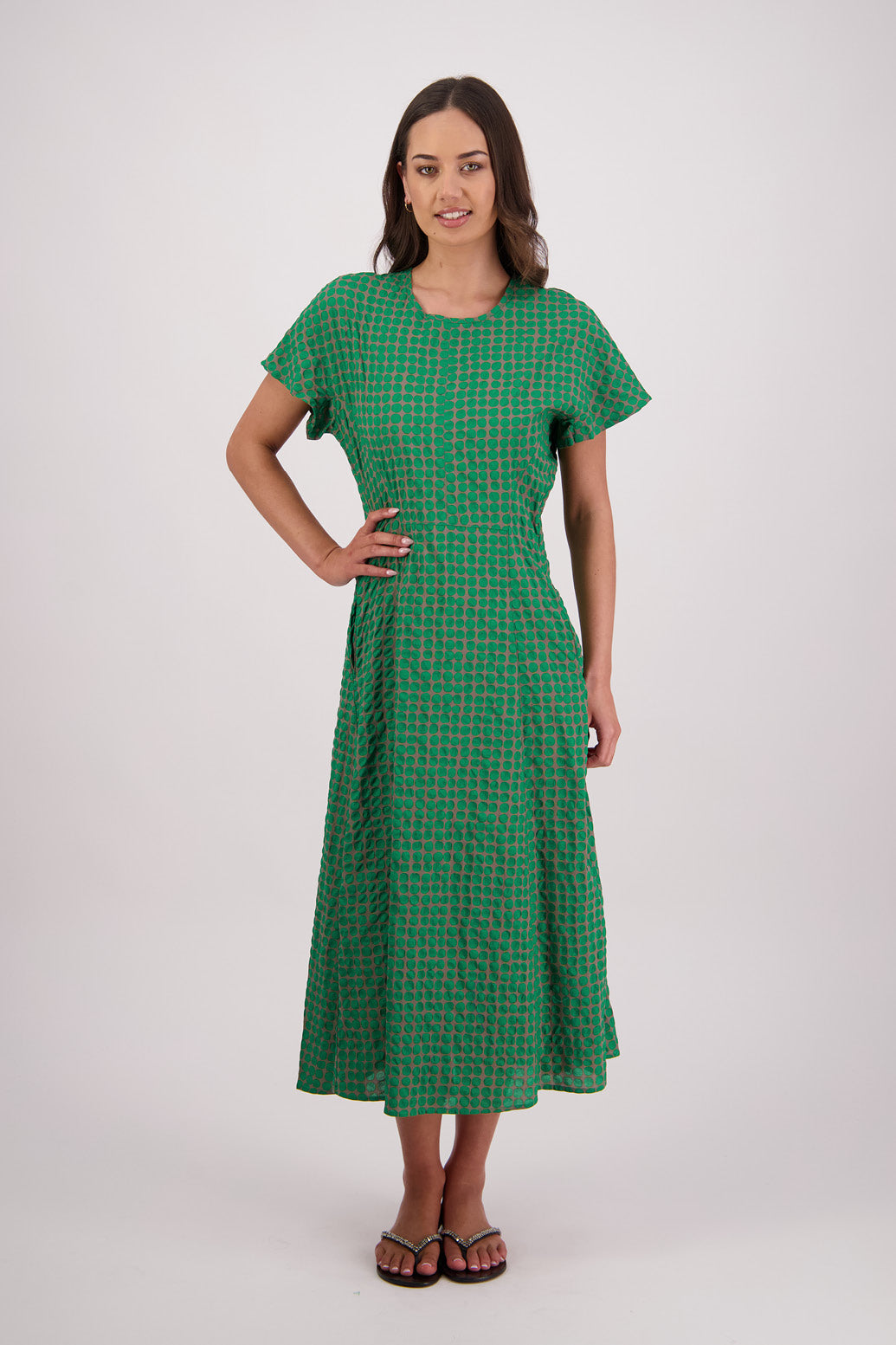 Briarwood Tasman Dress in Grey/Green print, 100% Cotton.