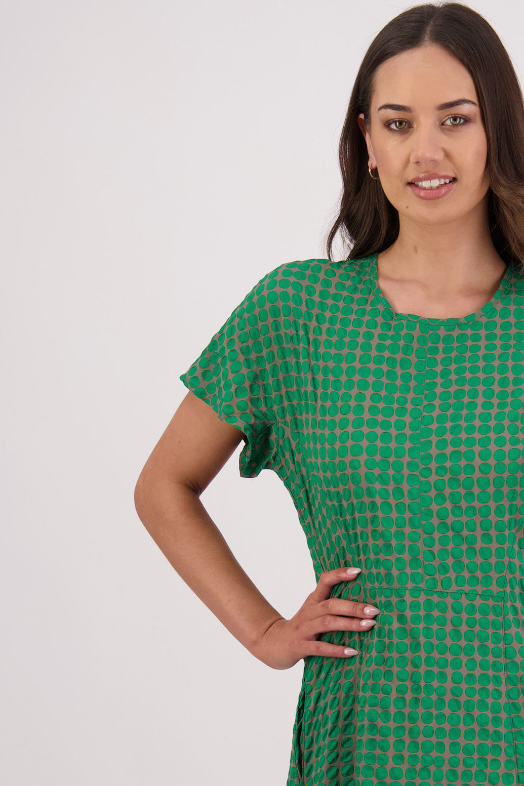 Closeup front view Briarwood Tasman Dress in Grey/Green print.
