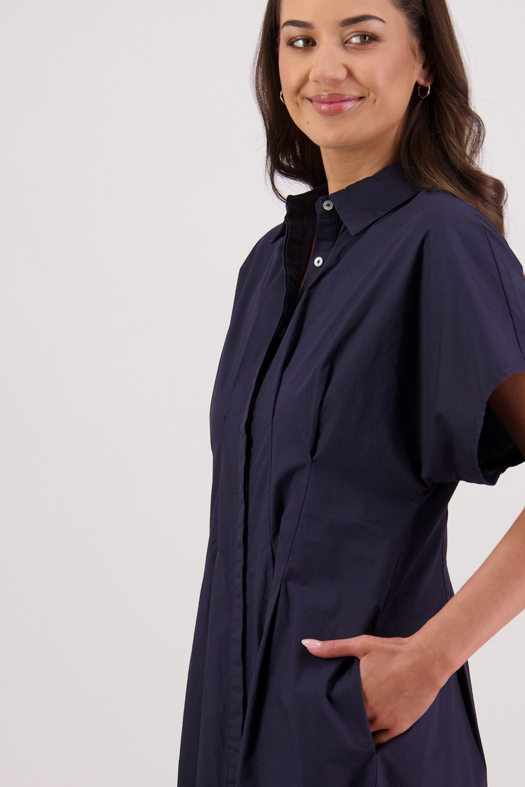 Closeup side view Briarwood Tate Dress in Ink.