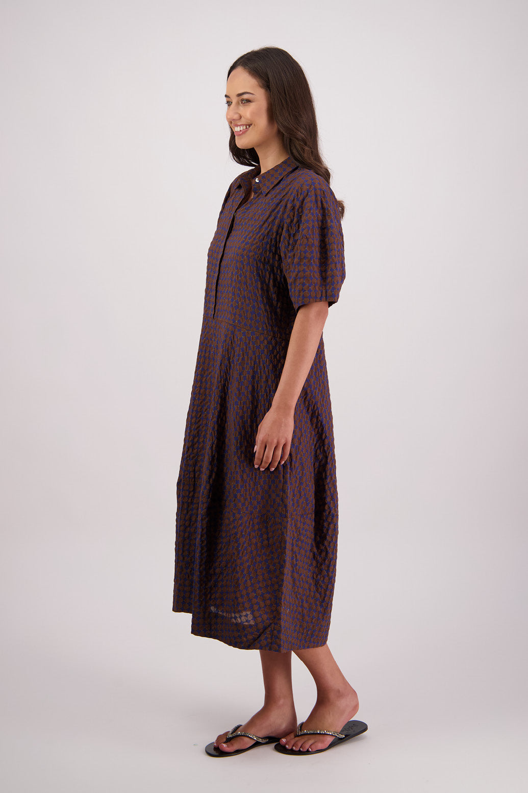 Side view Briarwood Tatum Shirt Dress in Brown/Ink print.