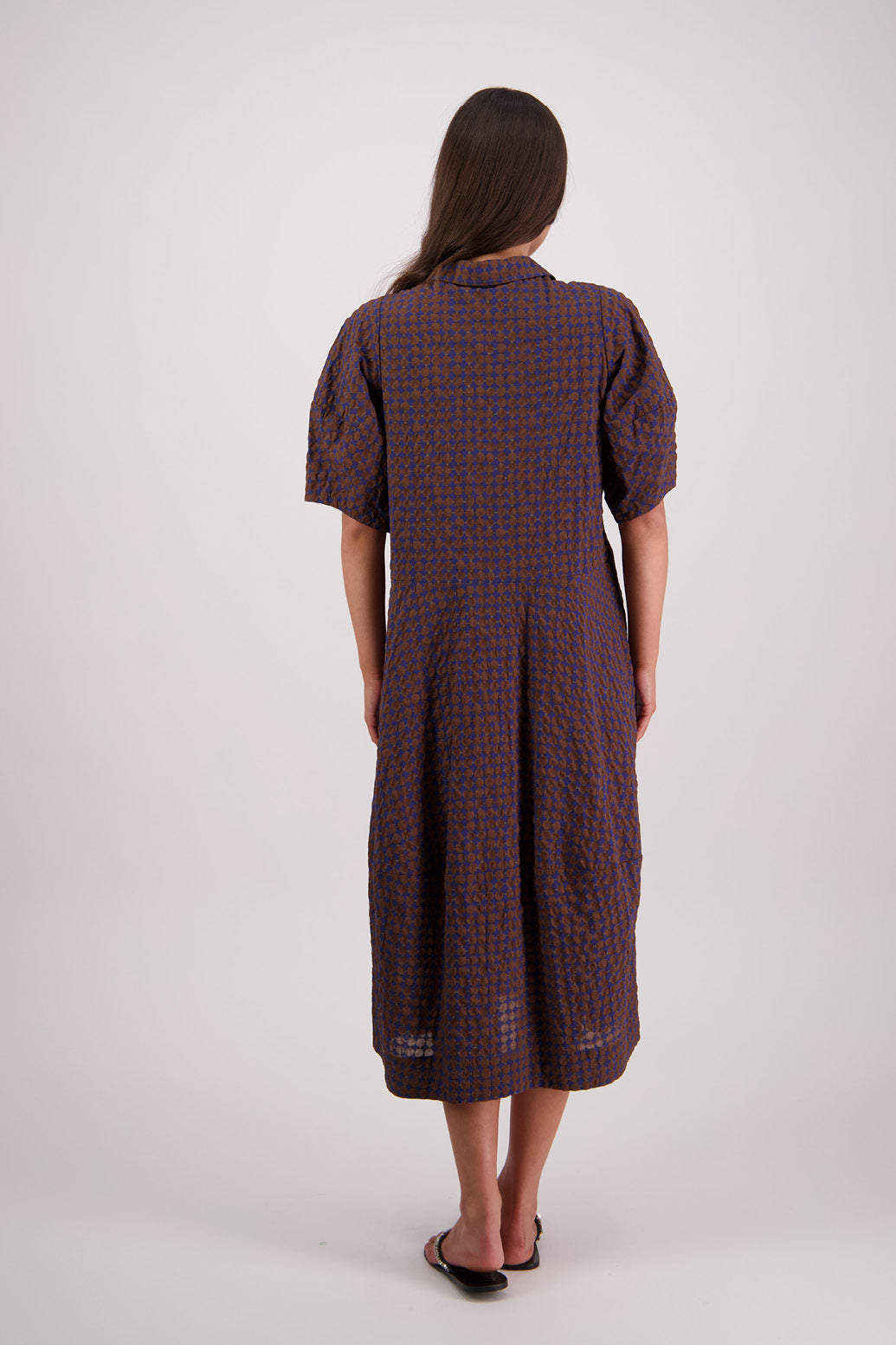 Back view Briarwood Tatum Shirt Dress in Brown/Ink print.