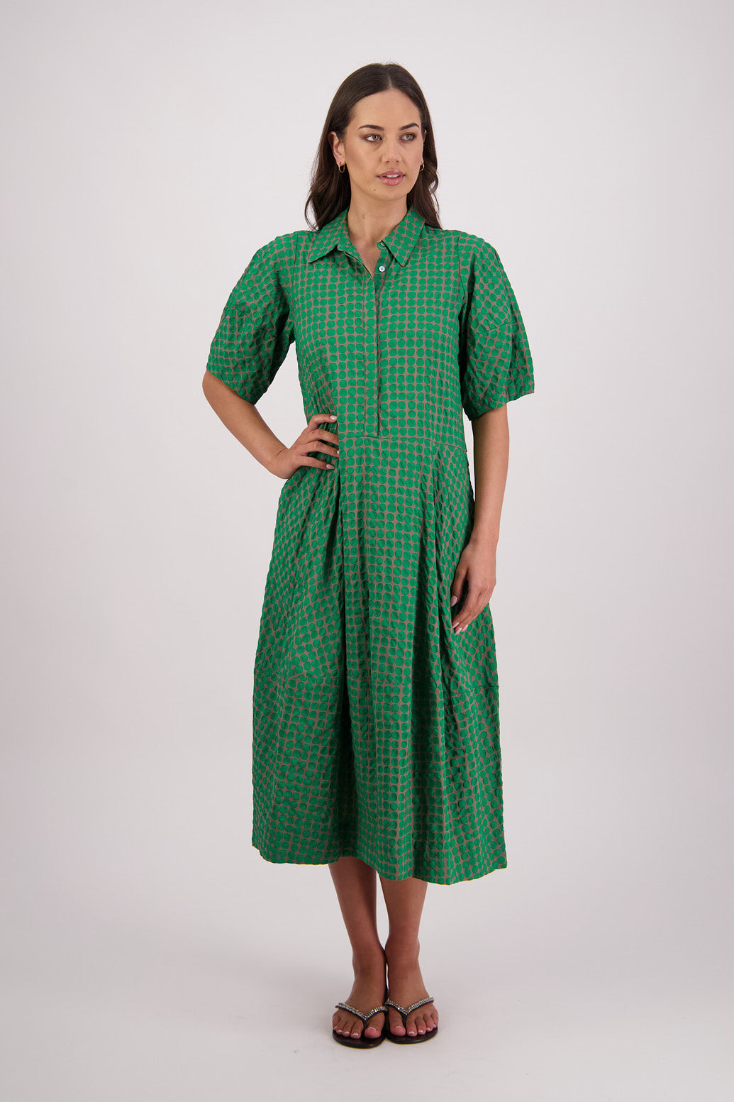 Briarwood Tatum Shirt Dress in Grey/Green print, 100% Cotton.