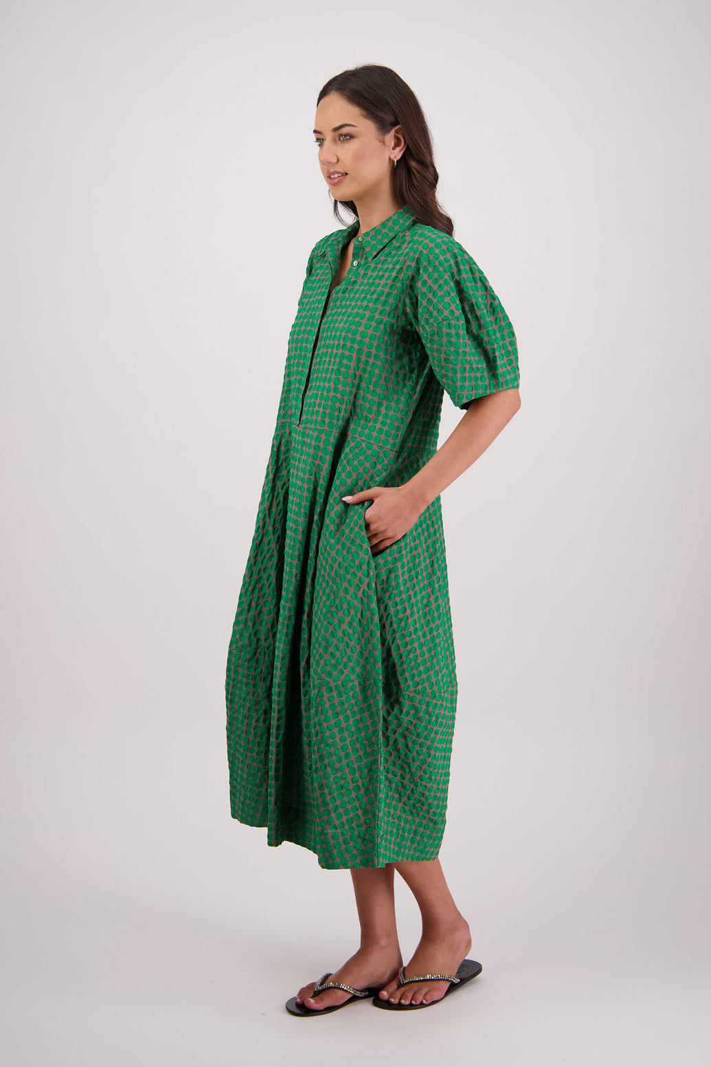 Side view Briarwood Tatum Shirt Dress in Grey/Green print..