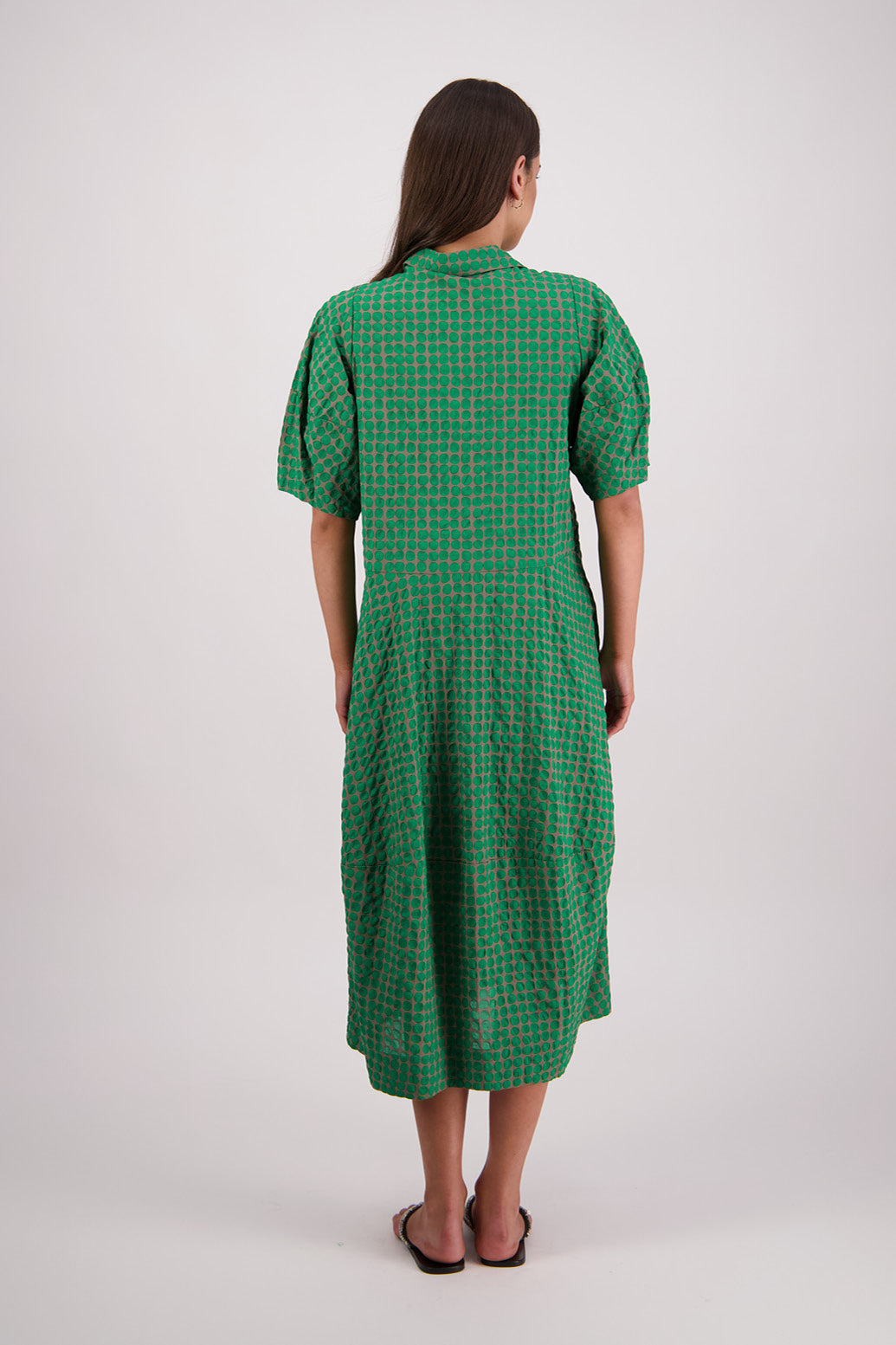 Back view Briarwood Tatum Shirt Dress in Grey/Green print..
