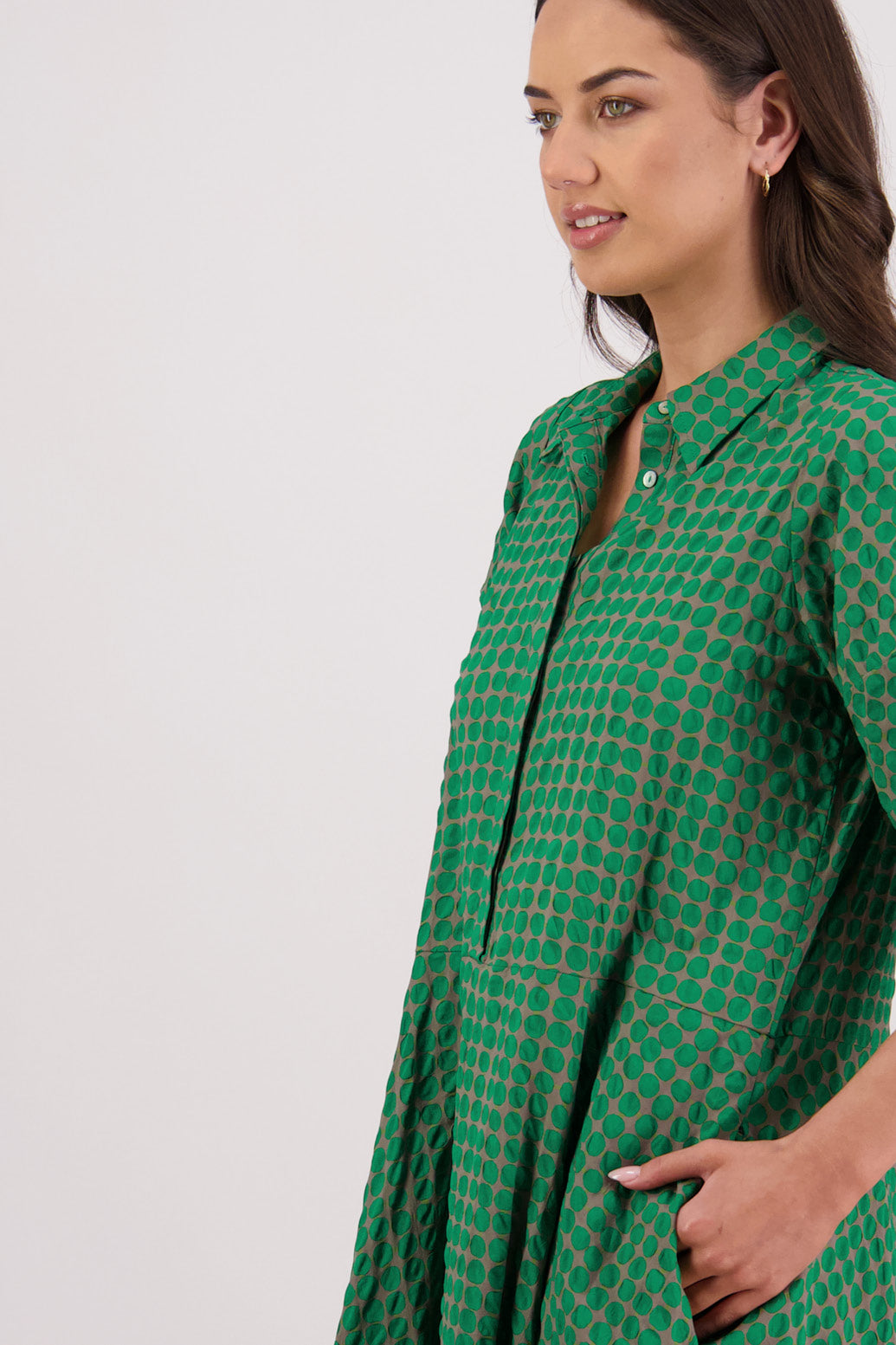 Closeup side view Briarwood Tatum Shirt Dress in Grey/Green print..