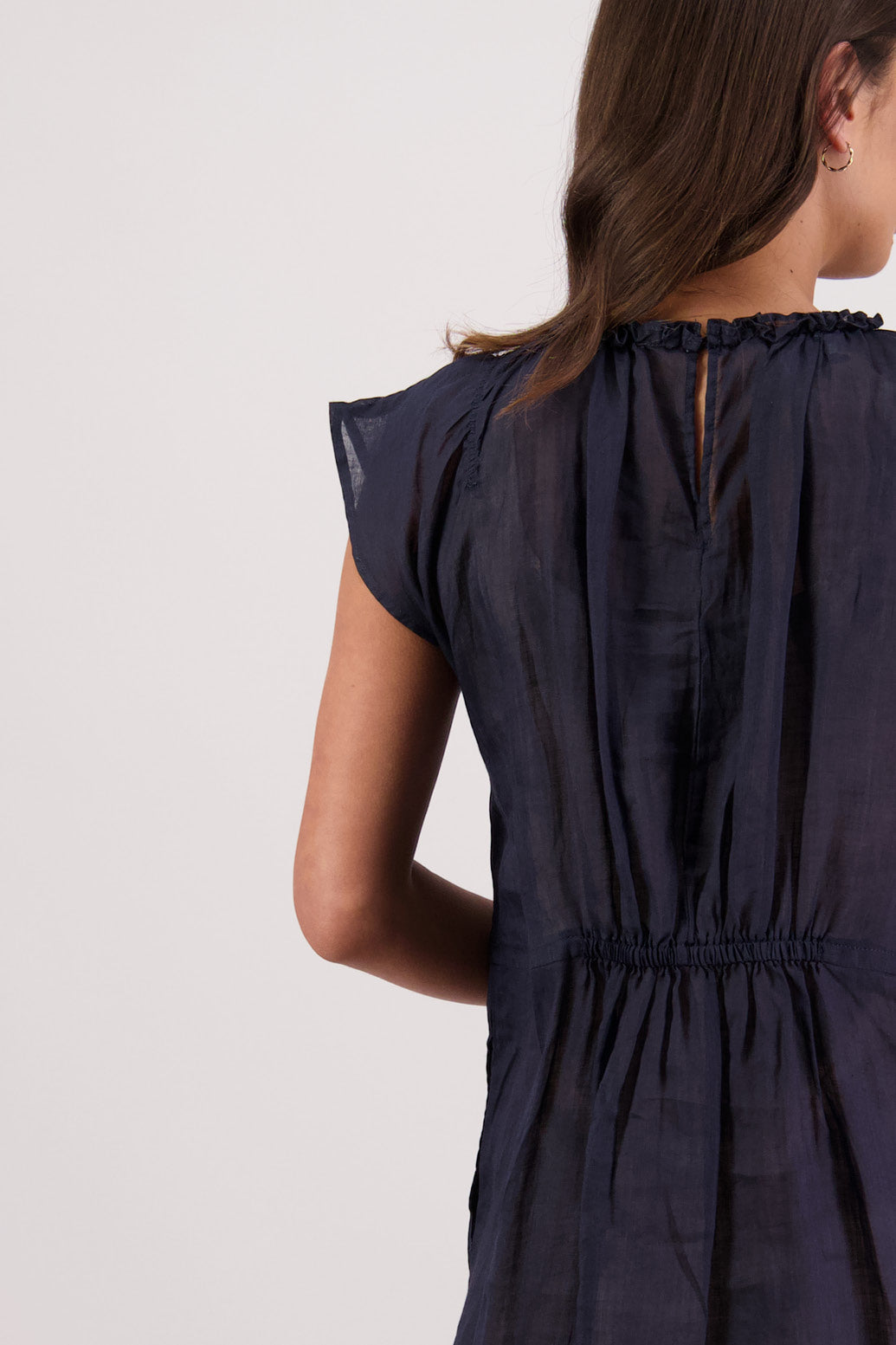 Closeup back view of Briarwood Tawny Dress in Ink.