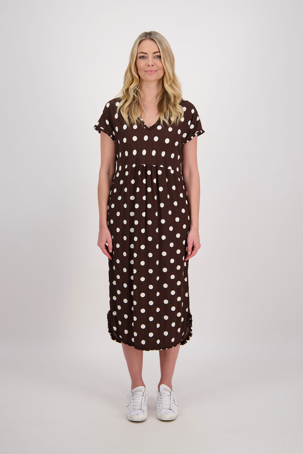 Bestselling Taylor Dress, Bias Cut Top with Straight Skirt - Chocolate Spot