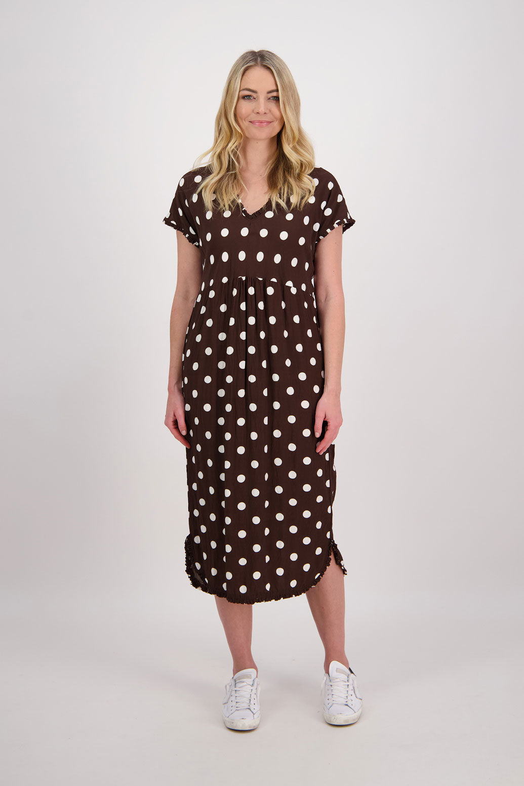 Bestselling Taylor Dress, Bias Cut Top with Straight Skirt - Chocolate Spot