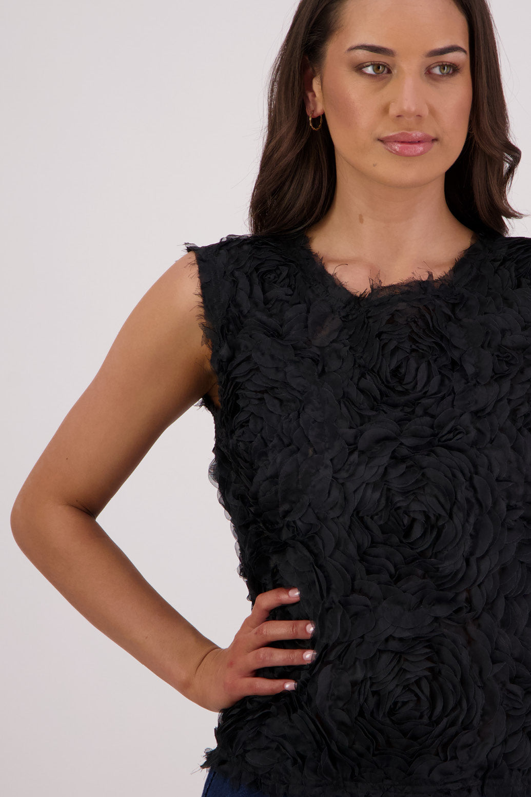  Closeup front view Briarwood Ted Top in Black Lace.